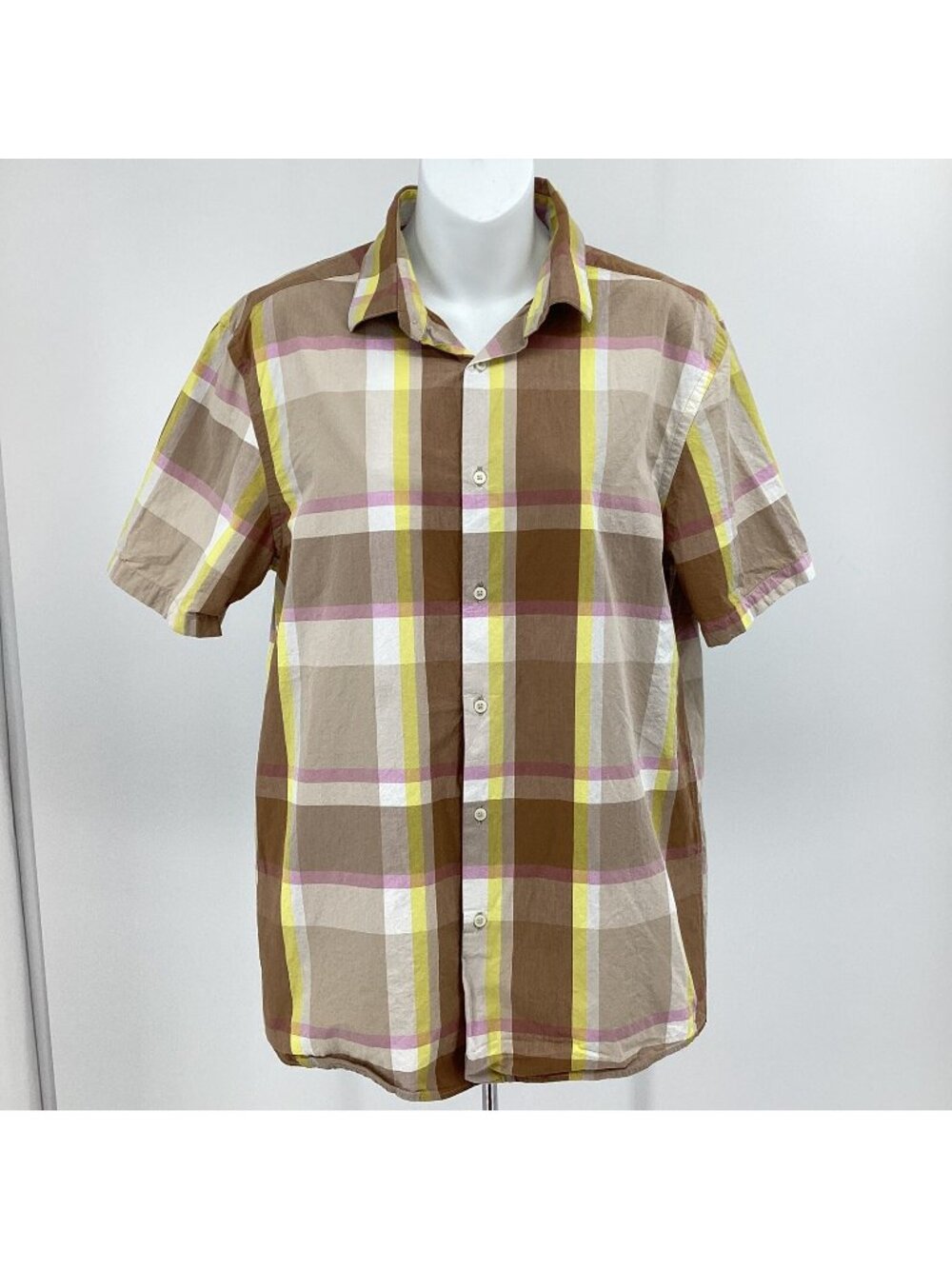 ZARA Men's Regular Fit Button Up Short Sleeve Plaid Brown Yellow Sz Medium
